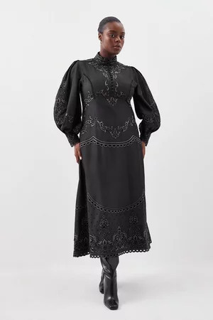 Lydia Millen Plus Size Cotton Cutwork Embroidered Woven Maxi Dress | Karen Millen US