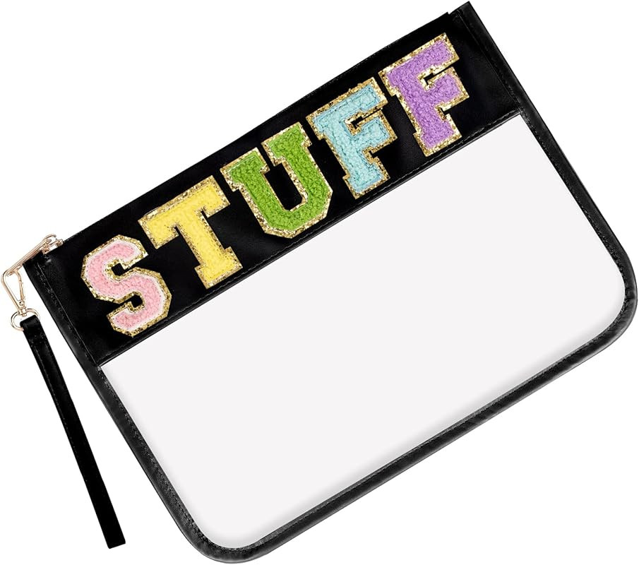 Monogram Letter Clear Bag Purse, Chenille Glitter Letter Makeup Cosmetic Bag Patch Zipper Toiletry P | Amazon (US)