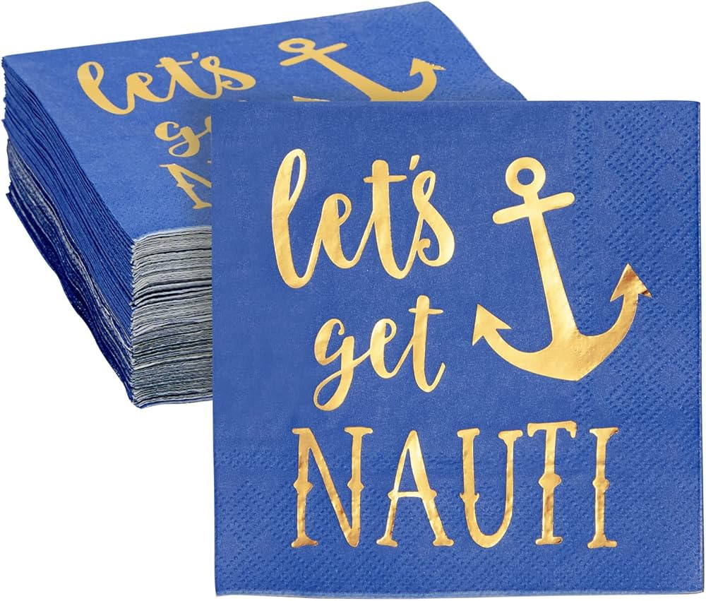 50 Pack Blue Nautical Napkins for Let's Get Nauti Bachelorette Party Decorations, Gold Foil Ancho... | Amazon (US)