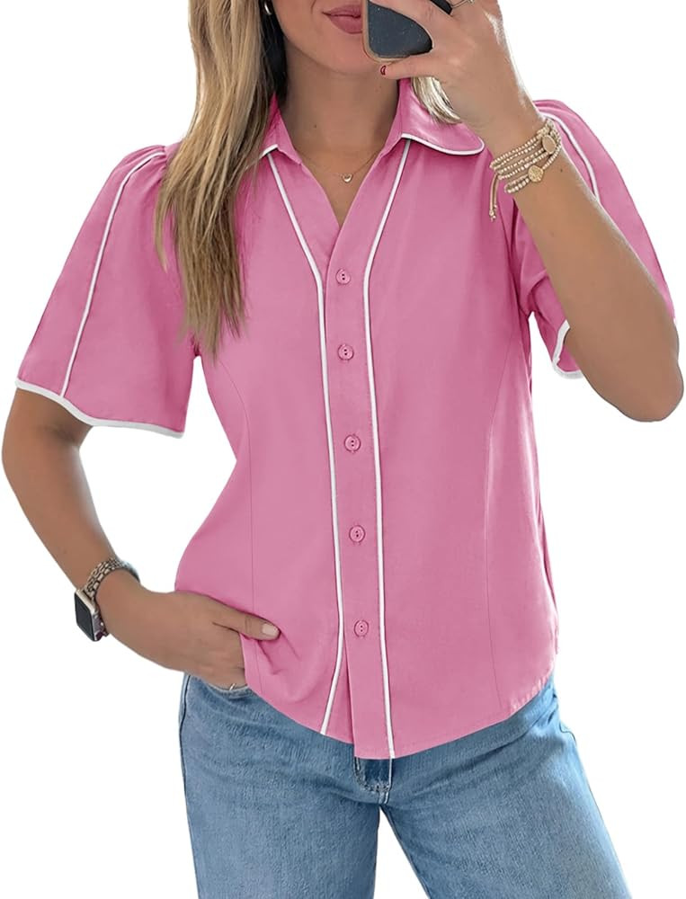 Tankaneo Womens Puff Short Sleeve Button Down Shirts Summer V Neck Color Block Tops Dressy Casual... | Amazon (US)