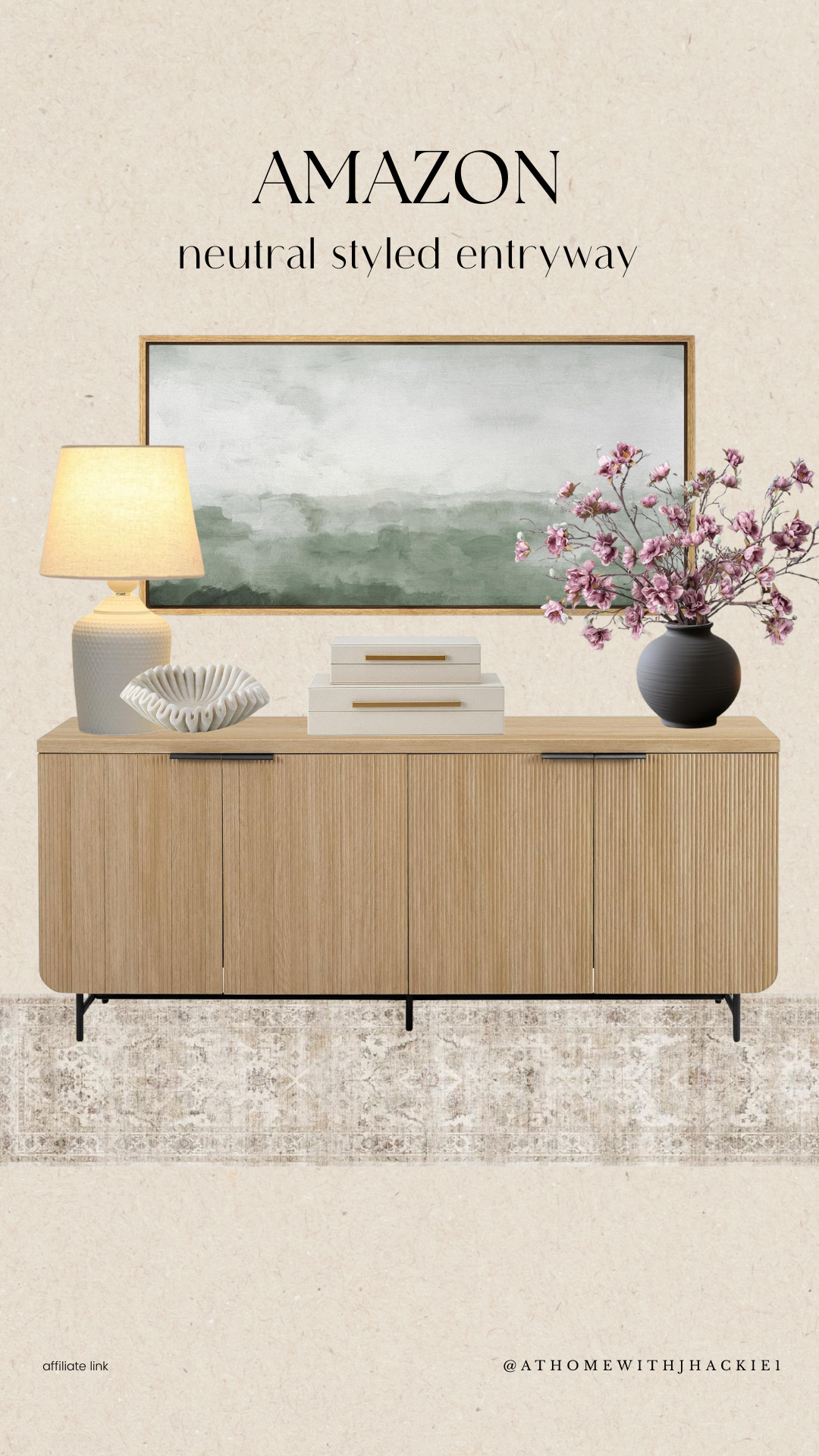 Amazon entryway decor, neutral entryway styling, modern wood sideboard, fluted cabinet console, large landscape wall art, neutral table lamp decor, decorative storage boxes with lids, black vase with faux florals, minimalist entryway design, neutral area rug runner, contemporary console styling, affordable amazon home finds, modern organic entryway decor 

 

#LTKSeasonal #LTKHome
