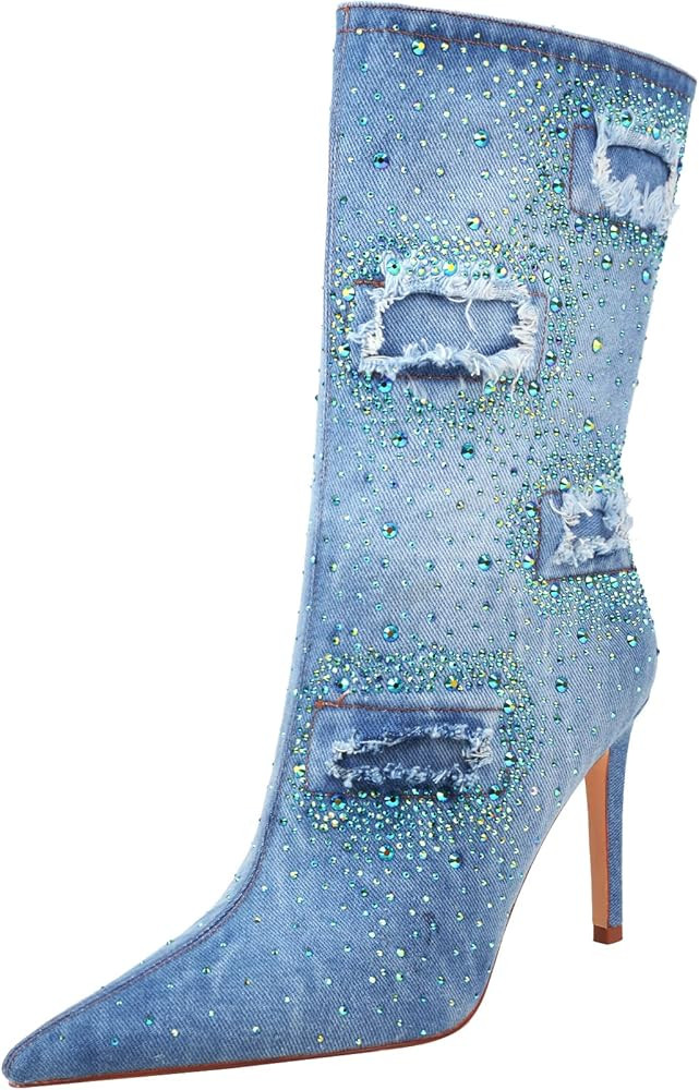 vivianly Women's Pointed Toe Denim Boots Stiletto Heel Glitter Mid-Calf Booties | Amazon (US)
