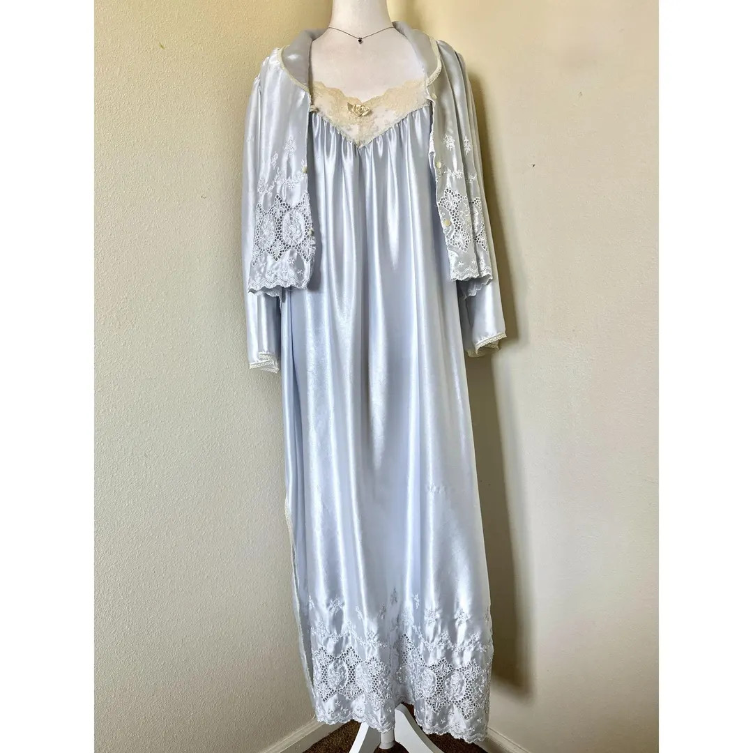 Vintage Miss Dior Nightgown and Bed Jacket Set in Pale Blue Satin With Embroidery and Lace Detail... | Etsy (US)