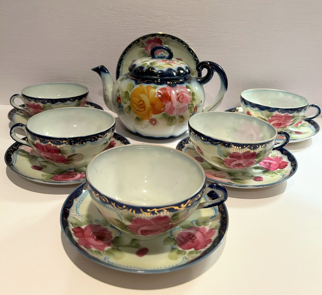 Antique C. 1800’s-1900’s Nippon Hand Painted Porcelain Cobalt and Roses Tea Set - Etsy | Etsy (US)
