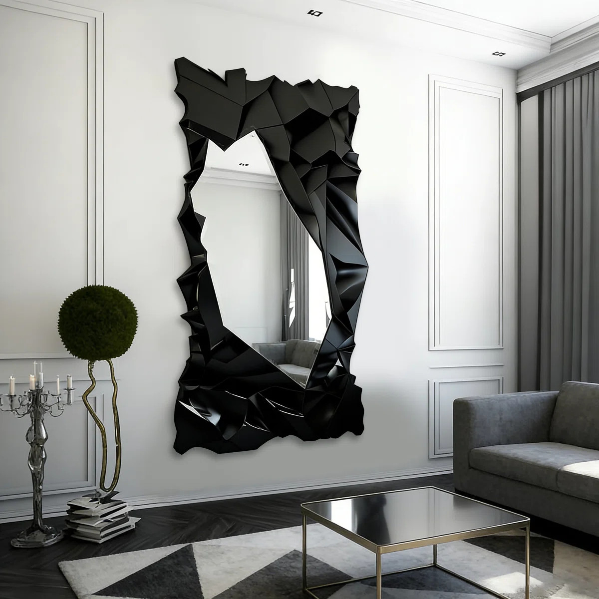 Black Abstract Geometric Wall Mirror - Modern Crinkled Art Decorative Mirror, Irregular Textured ... | Wayfair North America
