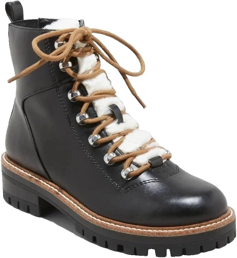 Leighton Women's Black Faux Leather Hiking Ankle Boots with 1.75" Block Heel & Faux Fur Accent | Amazon (US)