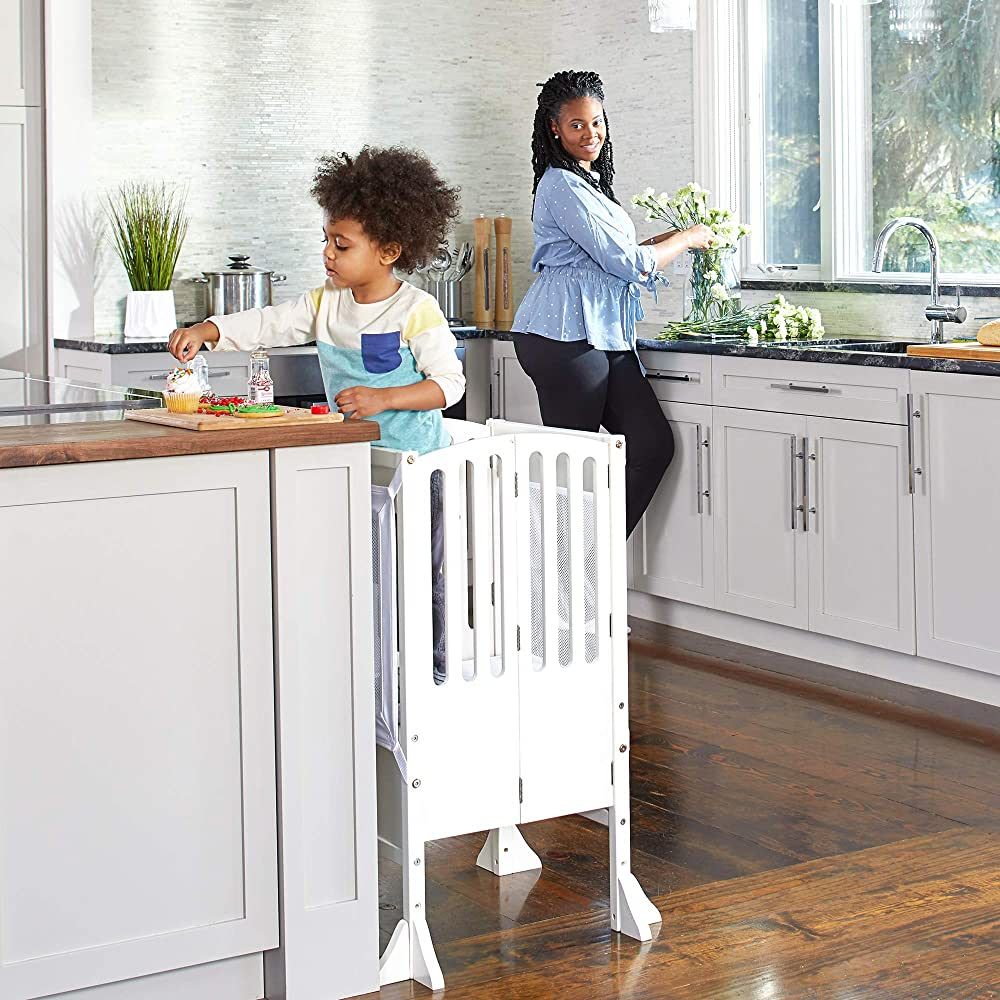 Guidecraft Contemporary Kitchen Helper® Stool and 2 Keepers - White: Wooden, Adjustable Height, ... | Amazon (US)