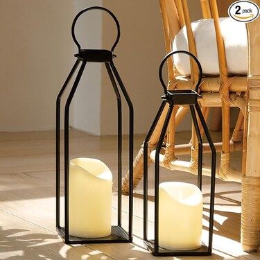 Modern Farmhouse Lantern Decor, 15'' 13'' Set of 2 Black Metal Lanterns, 2 LED 6 Hour Timer Flick... | Michaels Stores