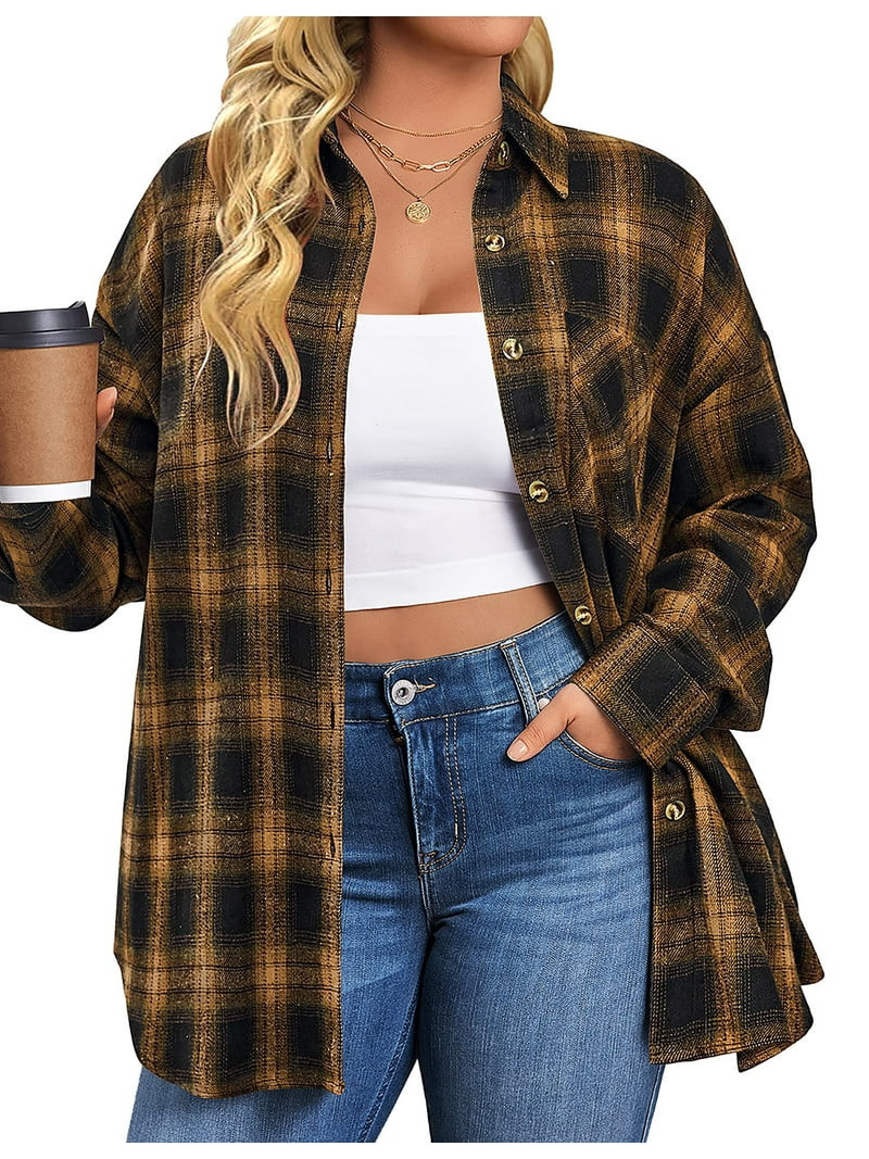 Fantaslook Plus Size Flannel Plaid Shirts for Women Long Sleeve Button Down Shirts Casual Loose B... | Walmart (US)