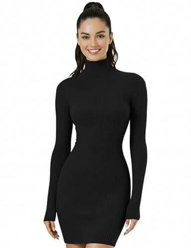 v28 Women Turtleneck Long Sleeve Bodycon Fall Winter Mini Slim Knit Sweater Dress(M,Black) | Amazon (US)