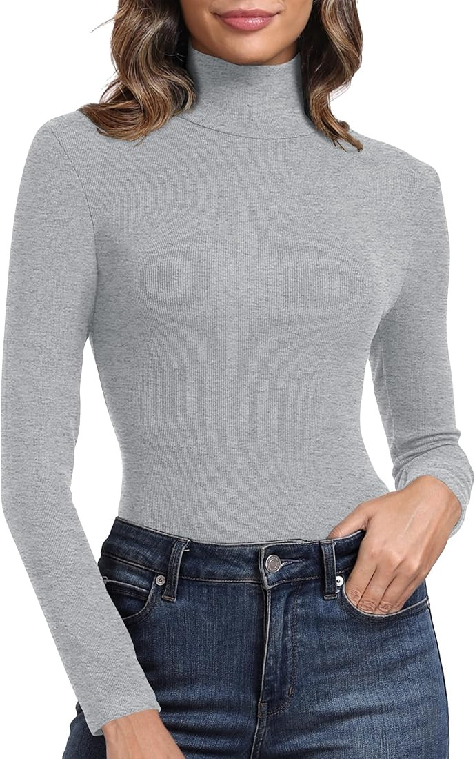 PALINDA Women's Ribbed Turtleneck Fitted Long Sleeve Shirts Basic Thermal Layering Tops | Amazon (US)
