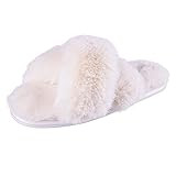 Jessica Simpson Women's Cross Band Plush Slide-On Sandal House Slippers with Memory Foam, Beige, Lar | Amazon (US)