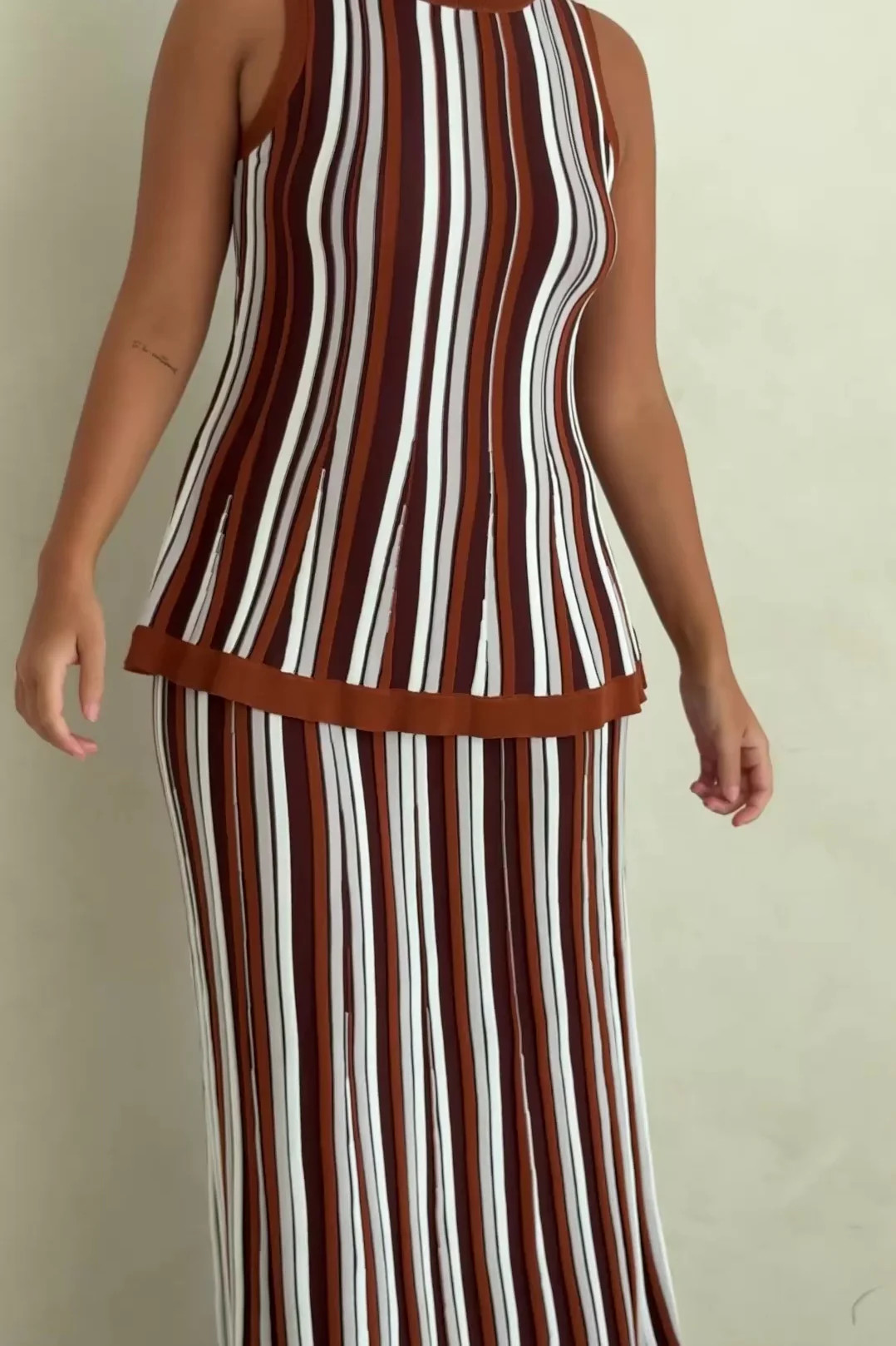Brown Stripe Pleat A Line Zodiac Top | Sabo Skirt US