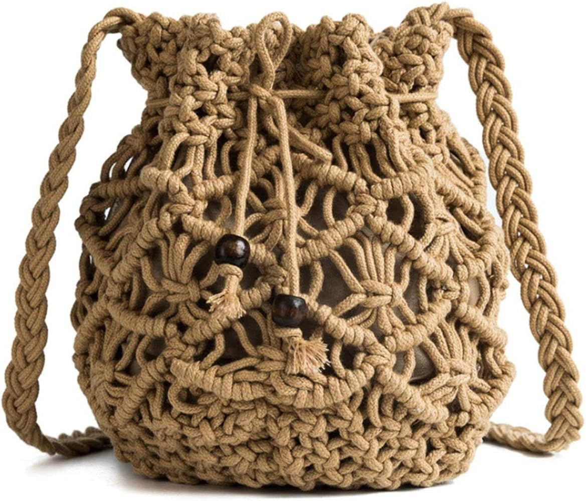 Women's Bucket Drawstring Handbag Straw Shoulder Bag Straw Weave Crossbody Handbag Beach Bags | Amazon (US)