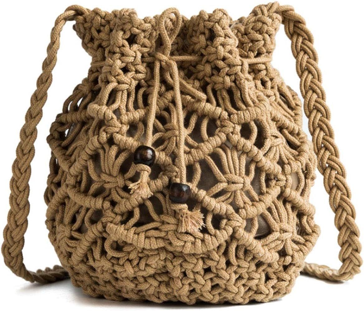 Women's Bucket Drawstring Handbag Straw Shoulder Bag Straw Weave Crossbody Handbag Beach Bags | Amazon (US)