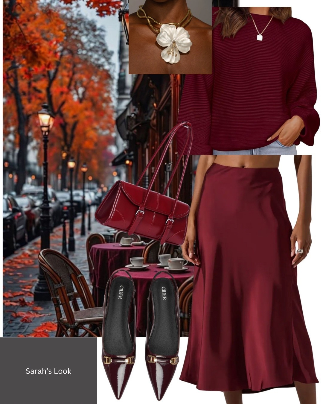 A night out on the town in head to toe burgundy or wine colored hues. Love this silk midi skirt paired with these pretty pointed toe slingbacks and red handbag. 

#LTKSeasonal #LTKOver40