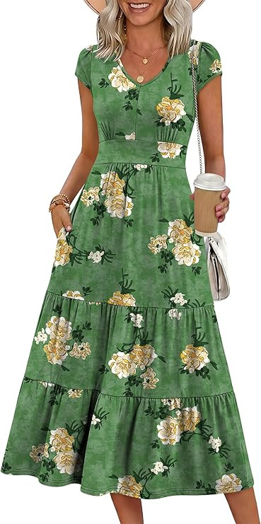 Prinbara Women's Summer Casual Midi Dress, V-Neck Cap Sleeve, Empire Waist Tiered for Vacation, B... | Amazon (US)