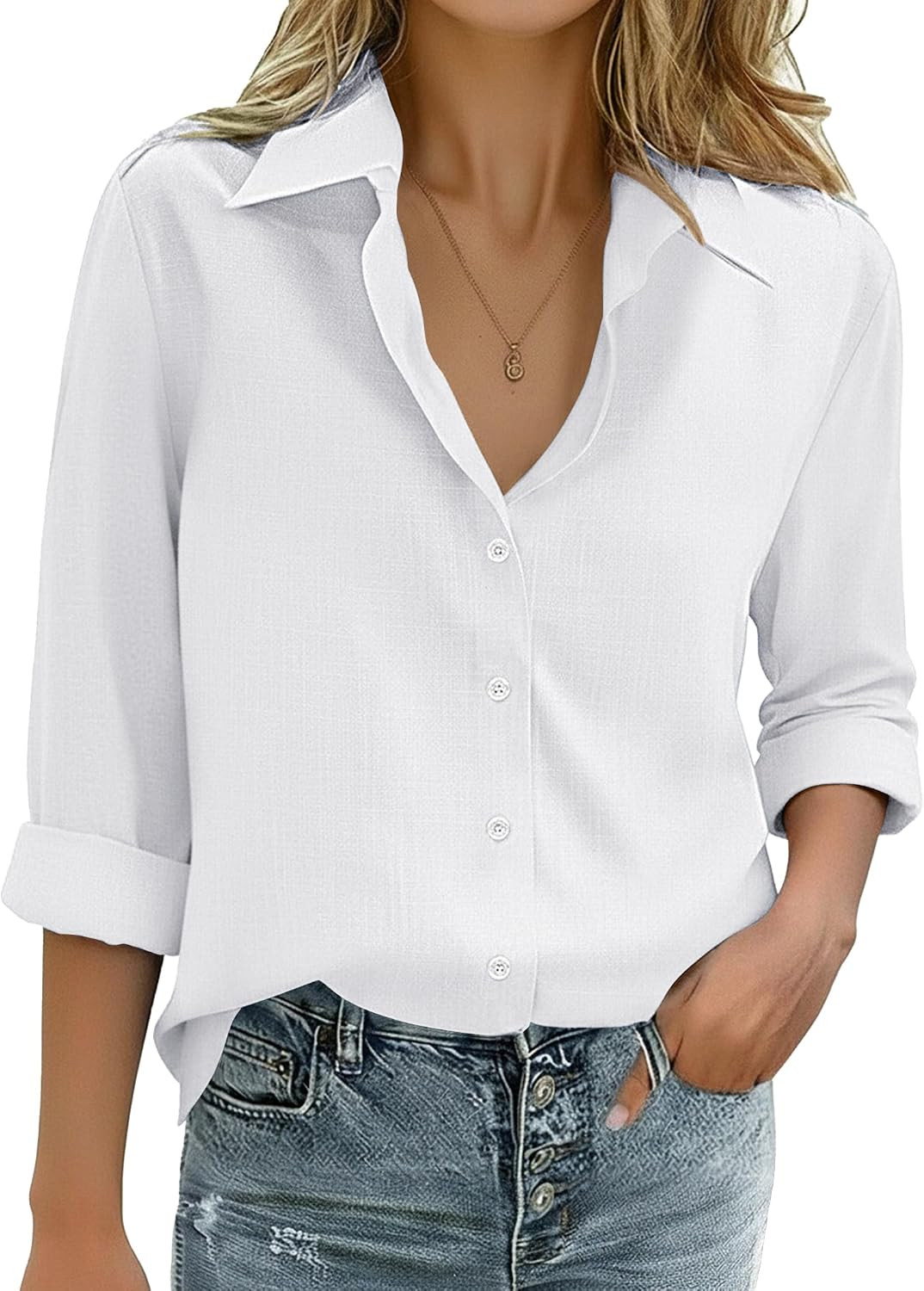 Zeagoo Womens Cotton Linen Button Down Shirts Loose Fit Long Sleeve Collared Blouse Casual V Neck Tops Outfits S-3XL | Amazon (CA)