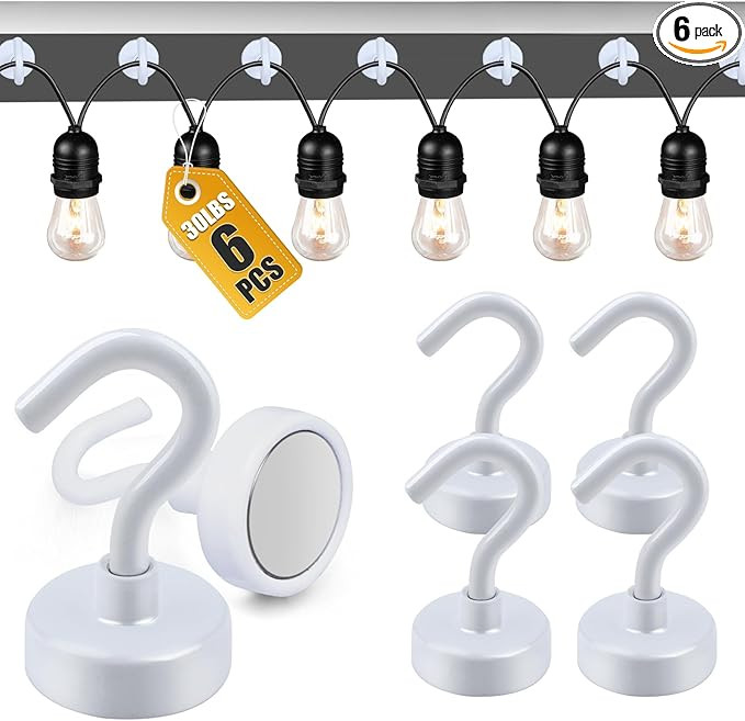 DIYMAG Outdoor Hooks for Hanging String Lights, White Magnetic Hooks Strong 30lbs+ Hanging Party ... | Amazon (US)