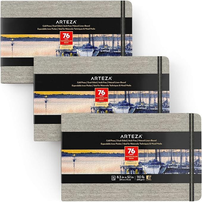 ARTEZA Watercolor Books, Pack of 3, 8.3 x 5.1 Inches, 76 Pages Each, 110 lb / 230 GSM, Cold Press... | Amazon (US)