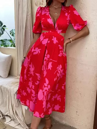 SHEIN VCAY Floral Print Puff Sleeve Cut Out Tie Back Dress | SHEIN