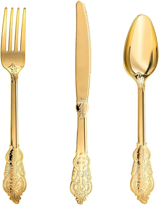 N9R 300pcs Gold Plastic Silverware Dinnerware Flatware- Heavyweight Gold Plastic Cutlery Set, 100... | Amazon (US)