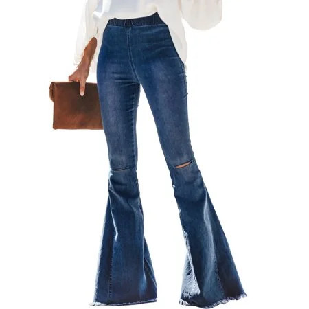 Women's Elastic Waist Destroyed Flare Long Bell Bottom Denim Jeans - Walmart.com | Walmart (US)