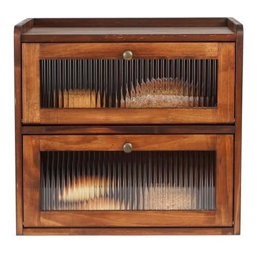 Sunhoo Bread Box for Kitchen Countertop Wooden Bread Storage Container Bin 2 Layer Breadbox Holder Large Capacity Keeper Vintage Farmhouse Food Organizer Pantry Shelf Acrylic Window (Brown) | Amazon (US)
