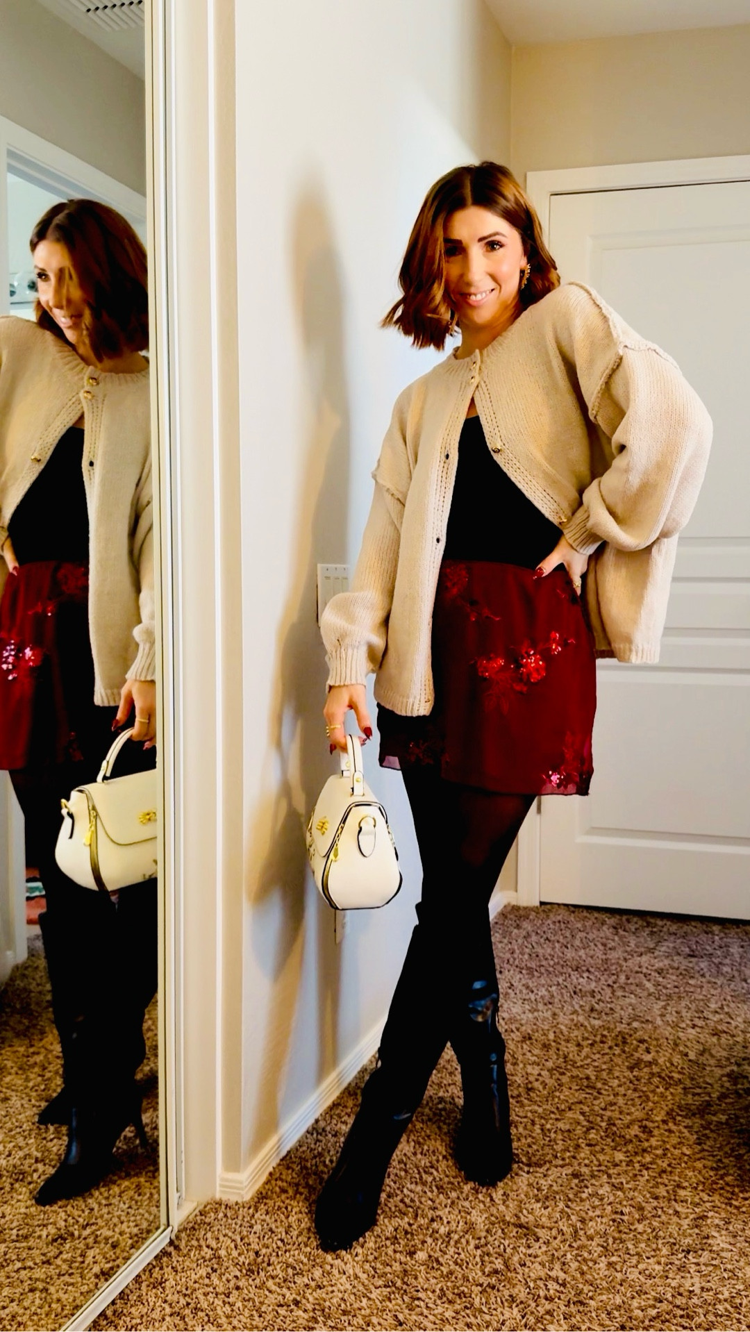 •Off white wool long sleeve: size S so soft!
•Burgundy sequin skirt: size S
•Apricot gold button sweater: Size L (I sized up 2 for an oversized fit)
•Black glitter tights: size S/M but run very short- not tall girl friendly and not very stretchy (2pack)
•Black boots: true to size 
•Suede tan boots: true to size 
•White embroidered floral purse: Amazon 
•Gold jewelry: hypoallergenic 

#LTKPetite #LTKHoliday #LTKootd