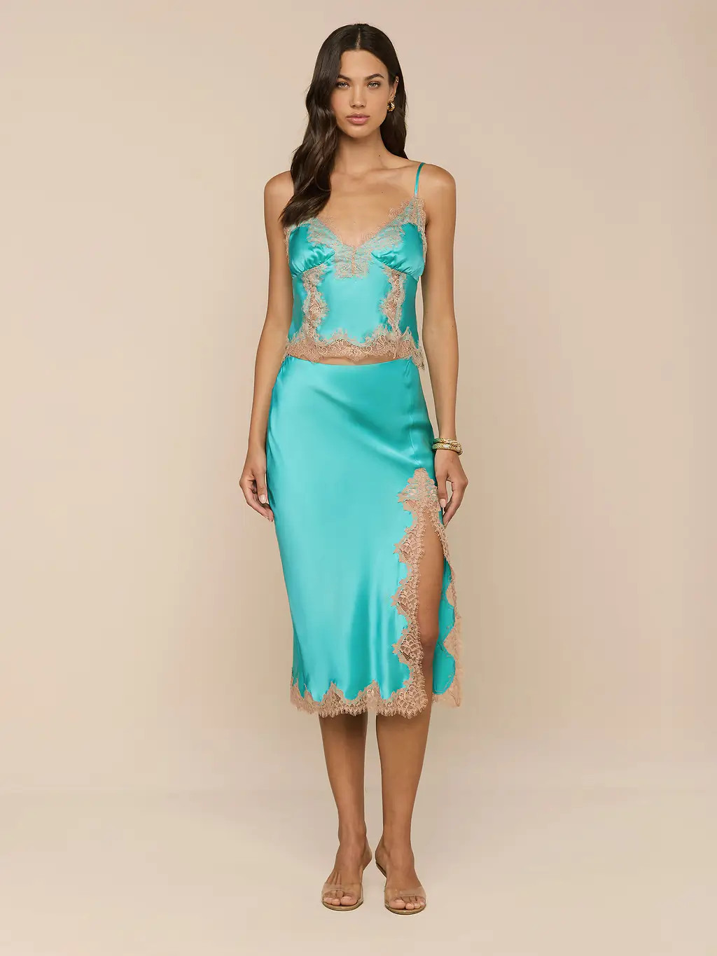 Tico Silk Lace Skirt in Cyan/Cappuccino | L'AGENCE | L'Agence