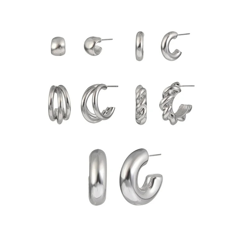 Time and Tru Adult Female Silver-Tone 5 Pair Twisted Triple Hoop Stacker Earring Set | Walmart (US)