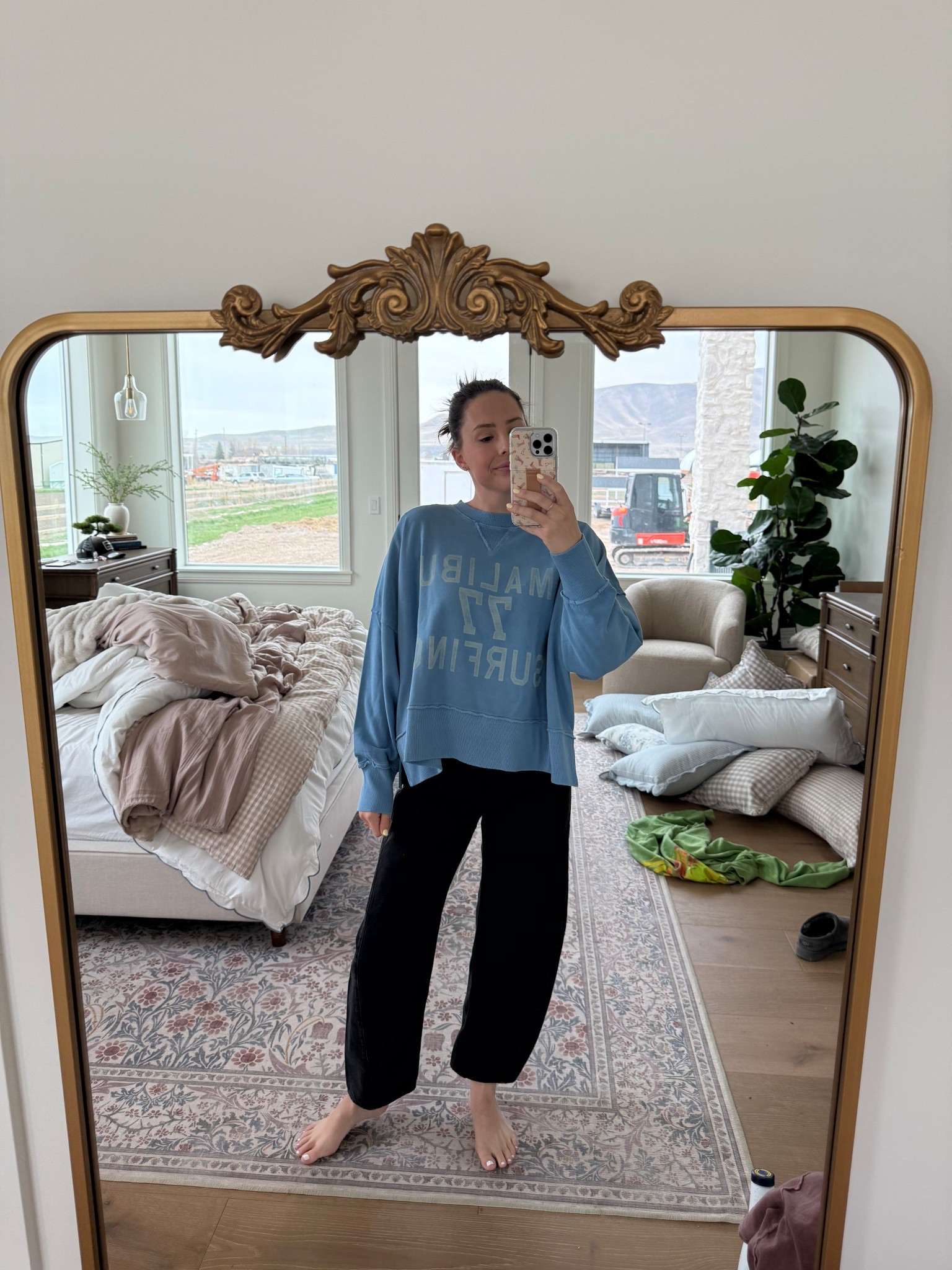 Wearing size small in top & size 25 petite in jeans (for shorter jean length) 