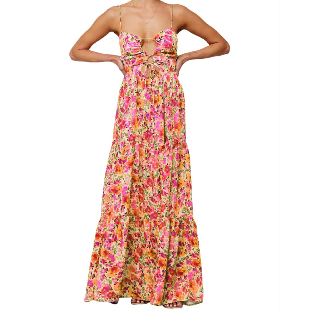 Summer Floral Sundress for Women Spaghetti Straps Hollow Out Tie Front Maxi Dress Flowy Smocked B... | Amazon (US)