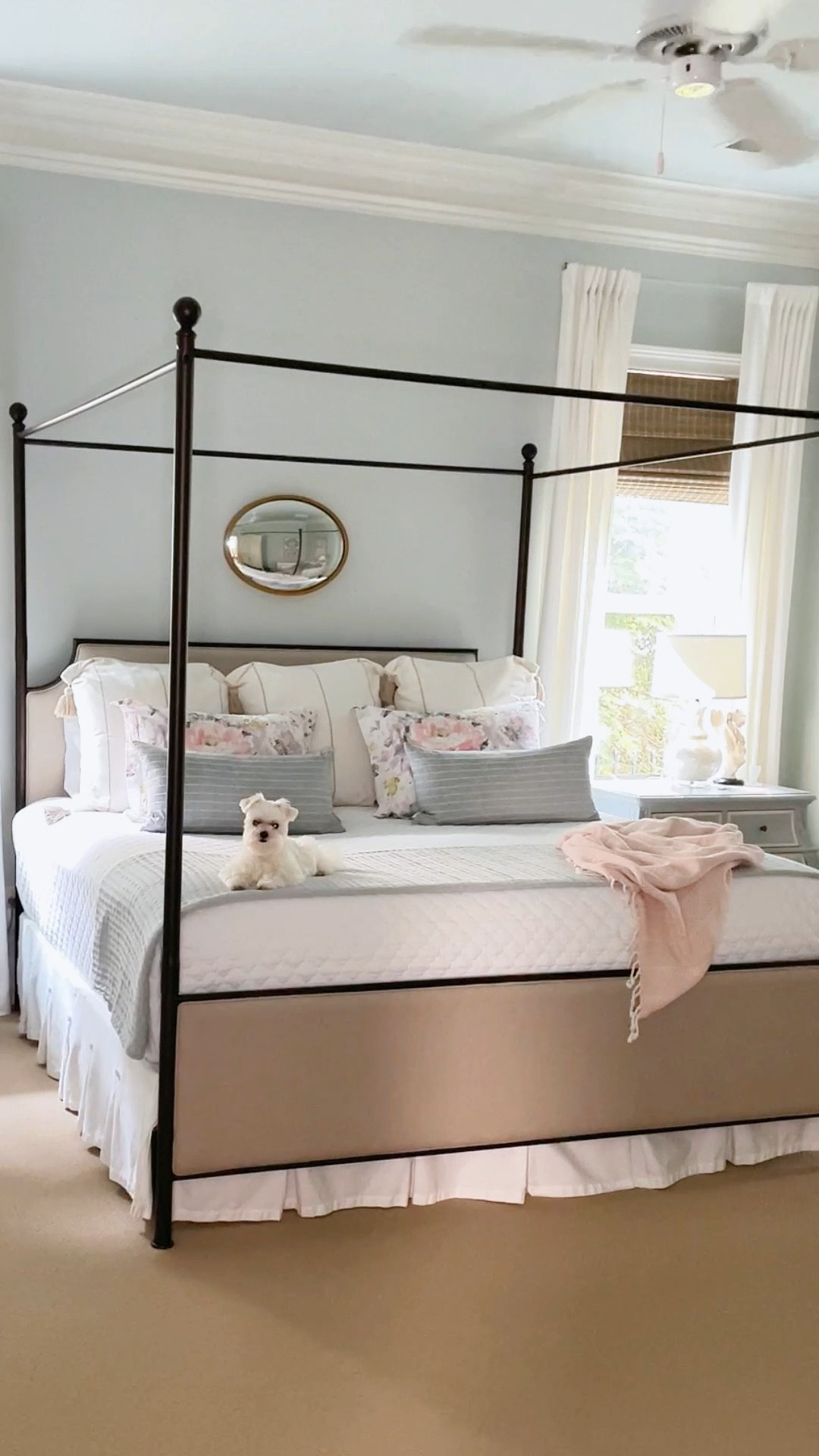 Summer bedroom refresh with pretty layers: stripe euro sham, standard floral sham, and blue lumbar pillows. #bedding #canopybed 

#LTKhome #LTKFind