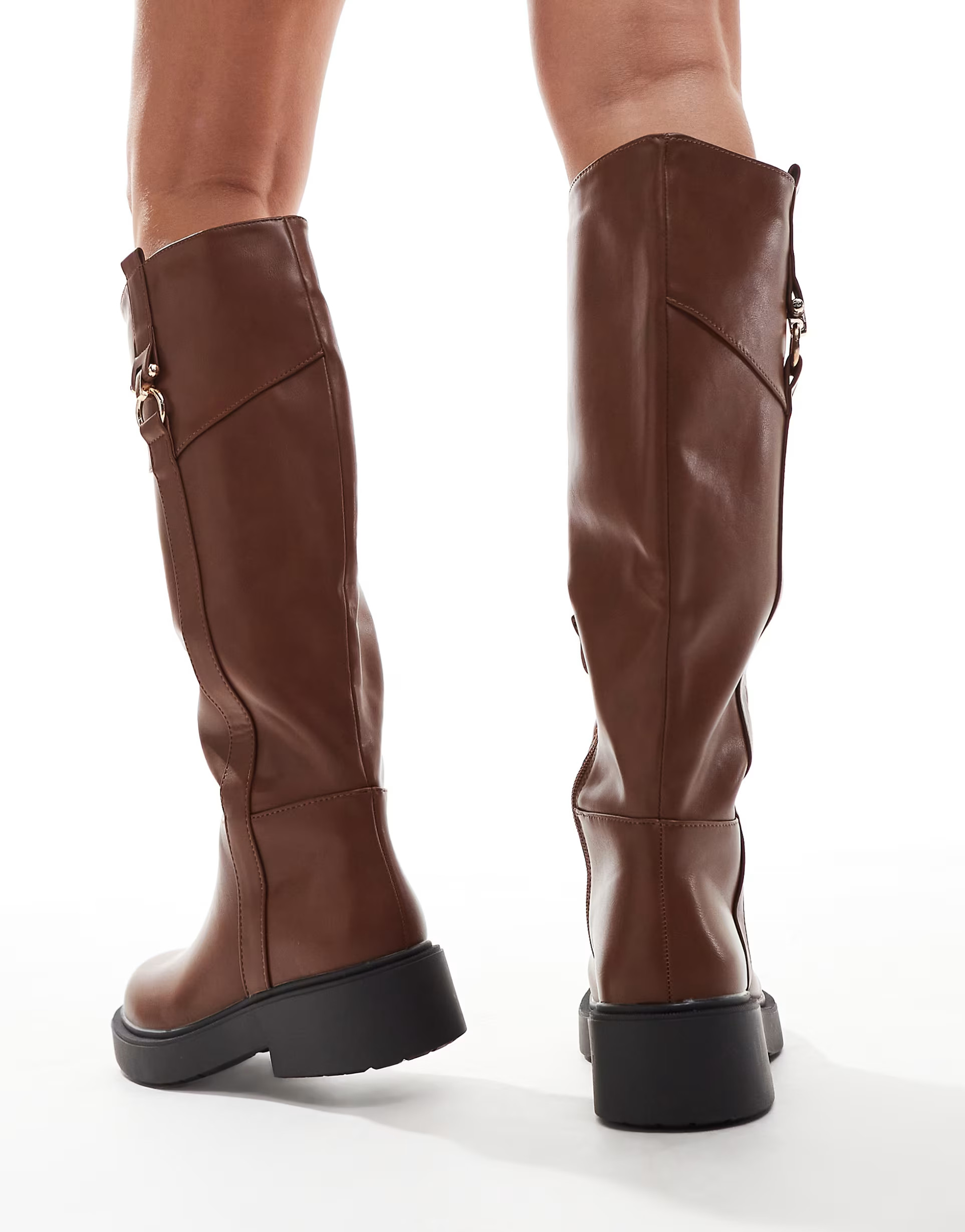 SEQWL knee high buckle flat riding boot in tan | ASOS | ASOS (Global)