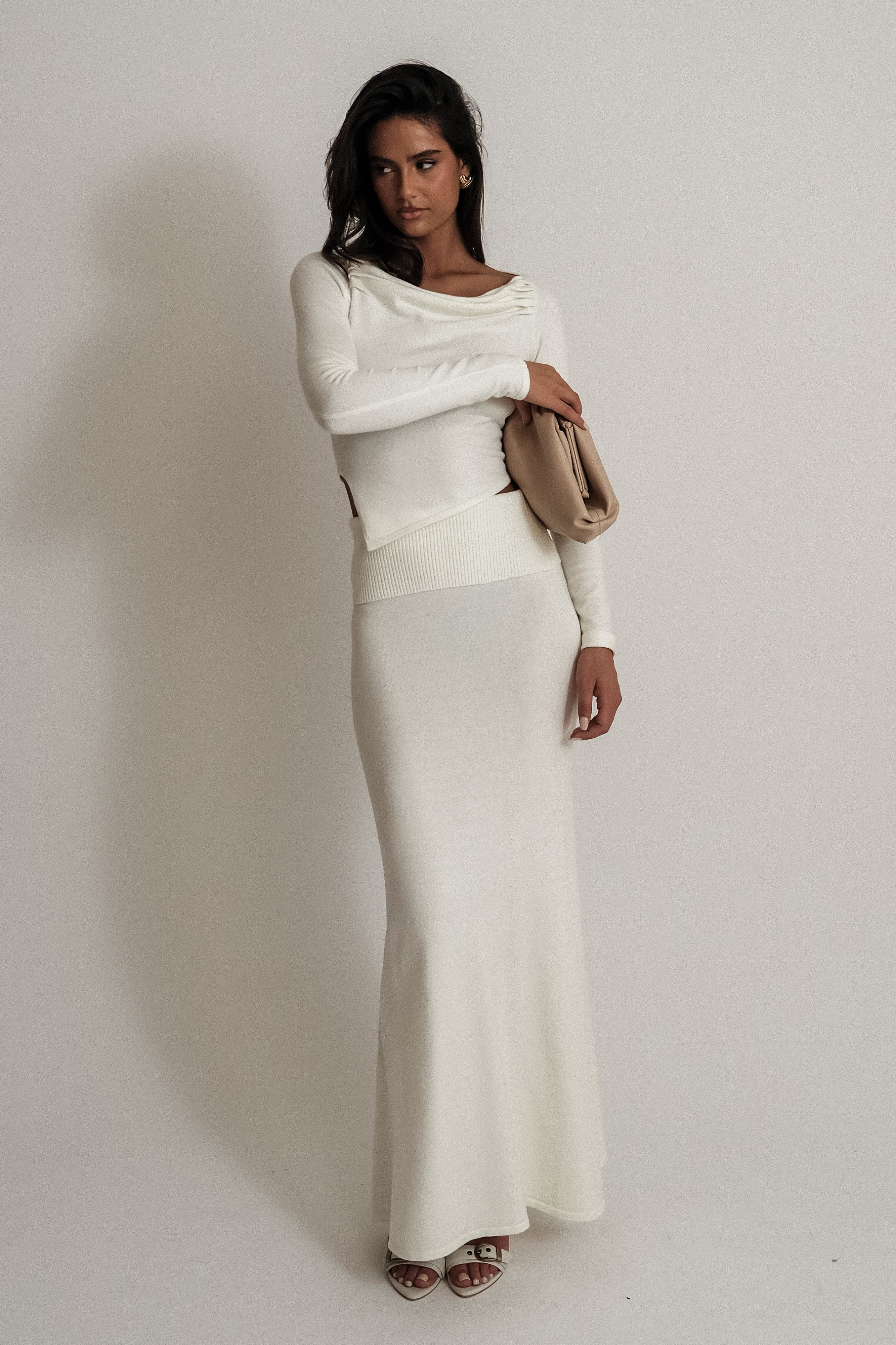 Karlie Knit Maxi Skirt With Ribbed Waist - Ivory | MESHKI US