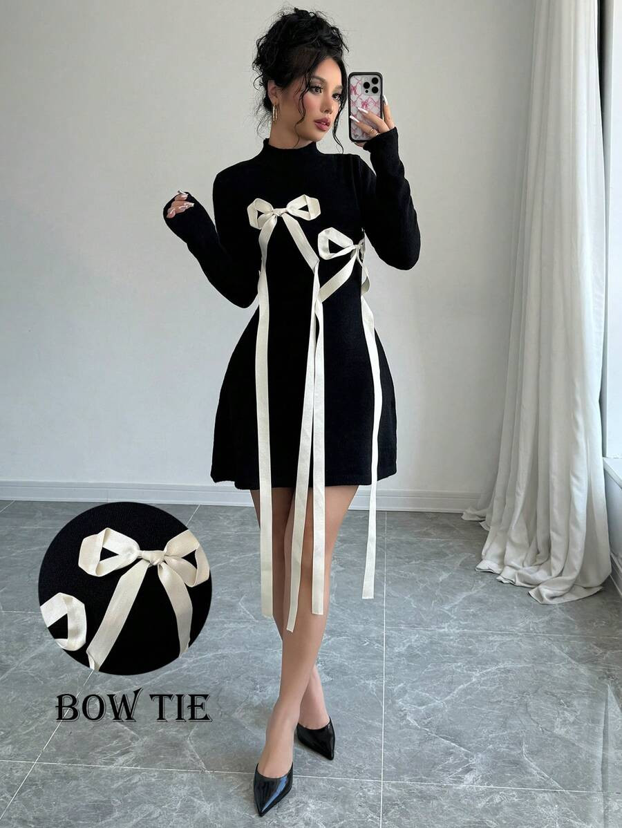 SHEIN Elenzya Women's Bow-Tie Waist Knitted Sweater Dress | SHEIN