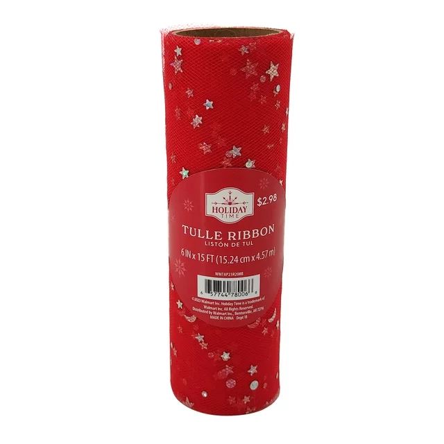 6 in Red Tulle Ribbon with Holographic Silver Stars and Moon, 6 in by 15 ft, Polyester, by Holida... | Walmart (US)