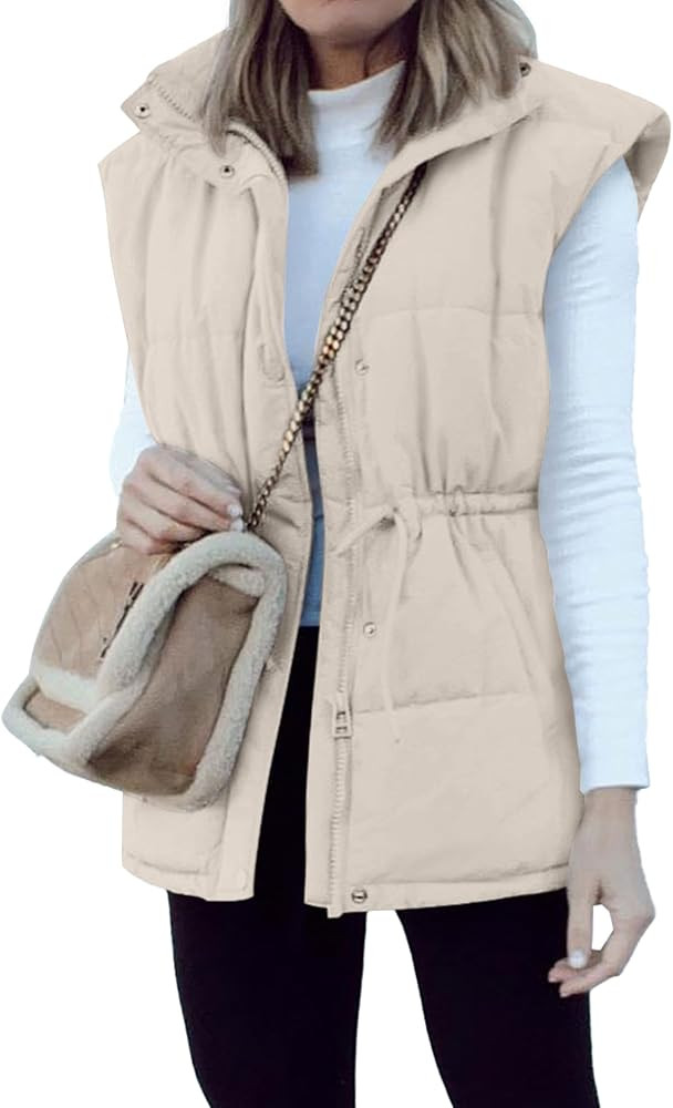 BTFBM Women's Casual Outerwear Vest Button Down Zip Up Padded Gilet Drawstring Sleeveless Jackets... | Amazon (US)
