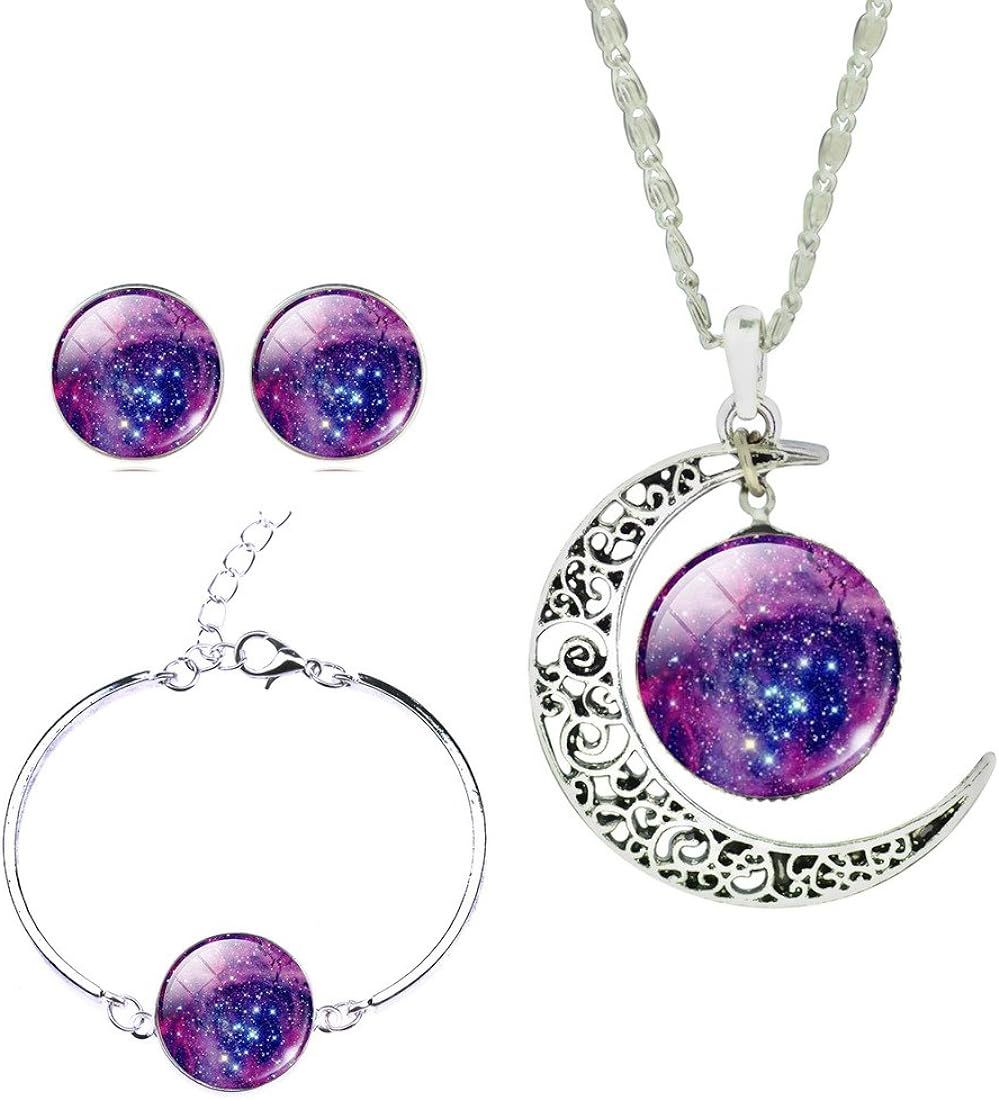 JIAYIQI Women Shiny Starry Sky Crescent Luna Crystal Gemstone Stud Earrings Bracelet Bangle Pendant  | Amazon (US)