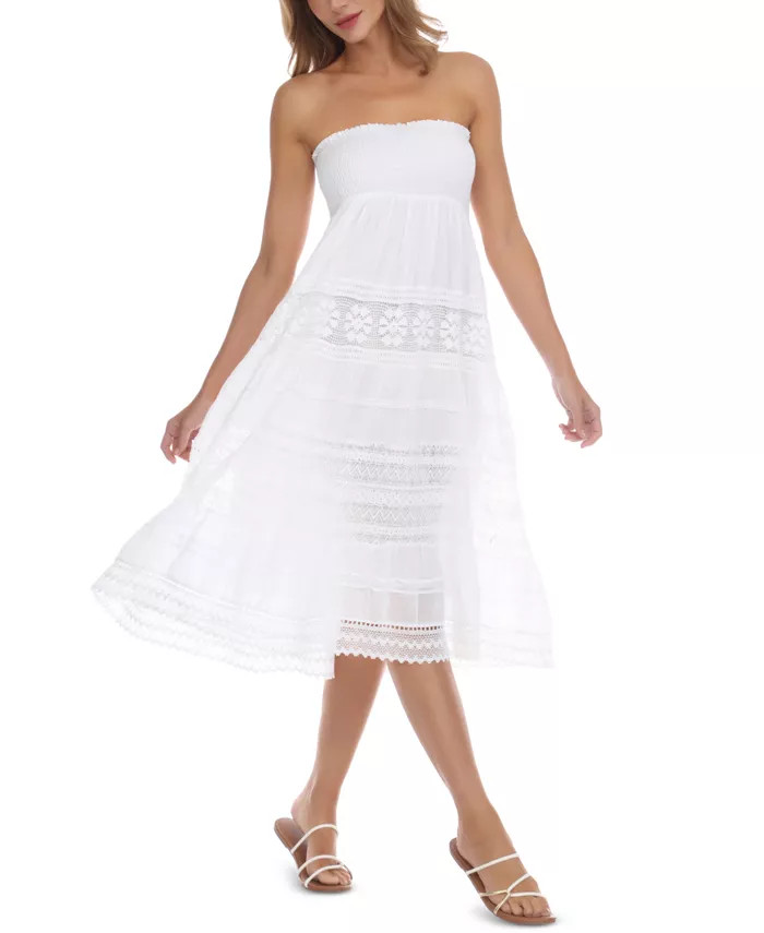 Women's Lace-Inset Tiered Midi Dress Swim Cover-Up | Macys (US)
