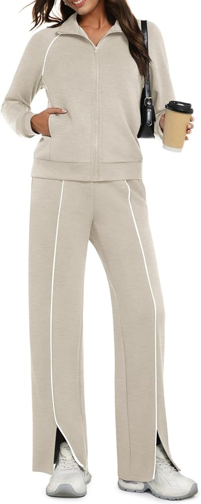 Casly Lamiit Womens 2 Piece Outfits 2025 Casual Zip Up Sweatsuits Lounge Set Airport Travel Wide ... | Amazon (US)