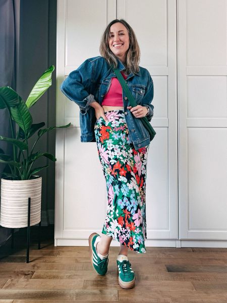 Denim and a floral midi skirt 💐🌸👖- floral skirt, denim
Jacket, green Adidas Gazelle Bold

#LTKFindsUnder50 #LTKOver40 #LTKShoeCrush