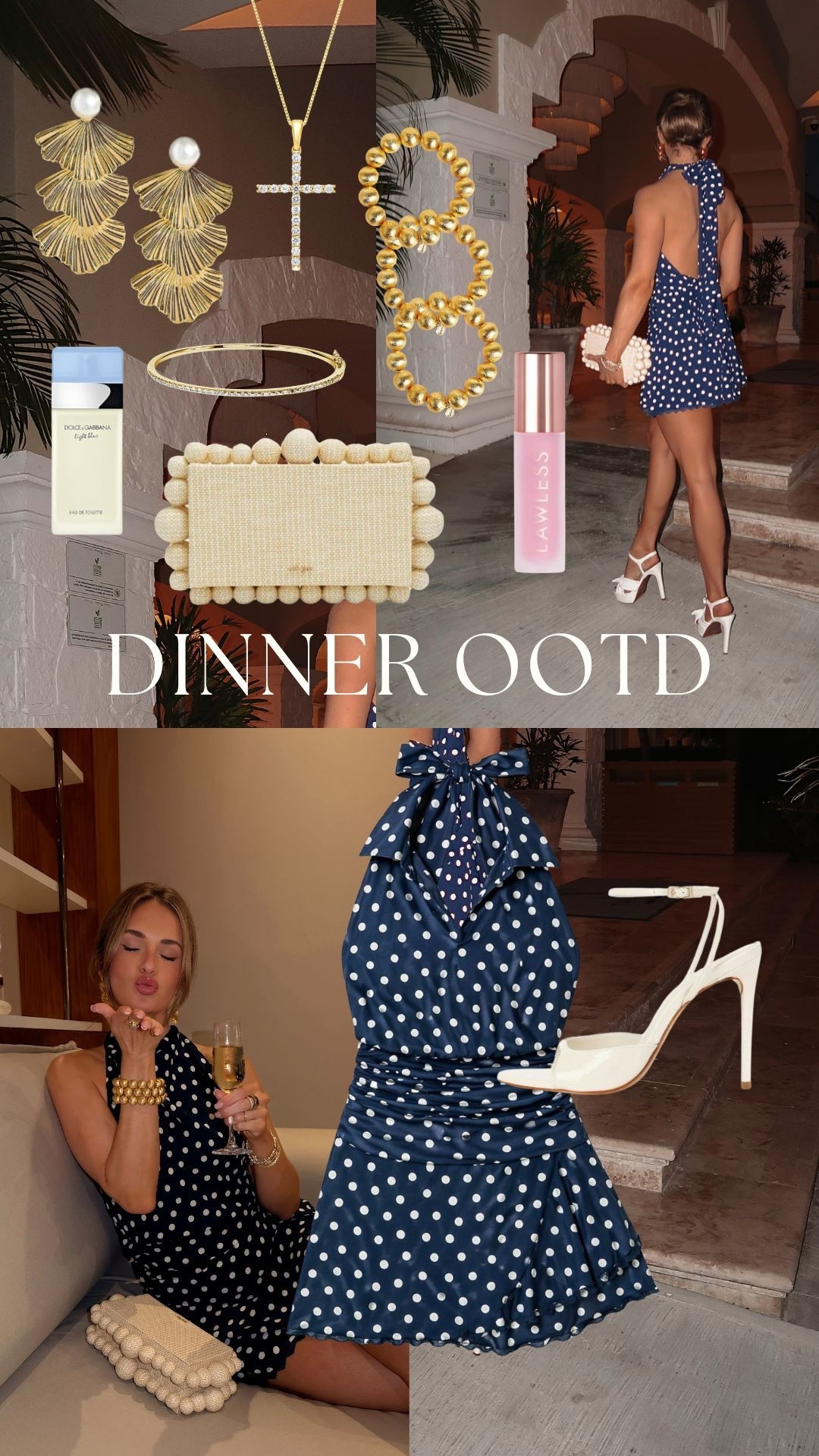 lovinggg polka dots 💙 

vacation dinner outfit, mexico outfit, mexico vacation outfit, resort dinner outfit, summer night outfit, date night outfit, navy dress, polka dot dress, mini dress, halter dress, backless dress, feminine outfit, classy outfit, chic outfit, elegant summer outfit, beach to dinner look, vacation style, coastal chic, euro summer style, white heels, strappy heels, statement earrings, gold jewelry, chunky bracelets, woven clutch, beaded clutch, neutral accessories, elevated evening look, outfit inspo, ootd inspo

#LTKvlog #LTKootd #LTKgrwm