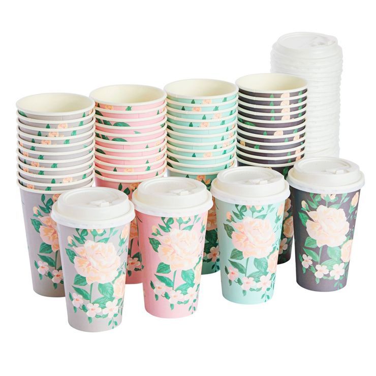 Blue Panda 48 Pack Disposable Paper Coffee Cups with Lids, Vintage Floral Design, 16 oz, 4 Design... | Target