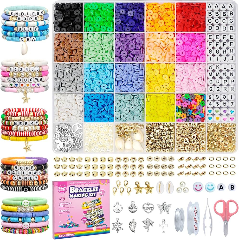 LZOUOWO 5300 Clay Beads Bracelet Making Aesthetic Kit, Polymer Heishi Preppy Letter Beads for Fri... | Amazon (US)