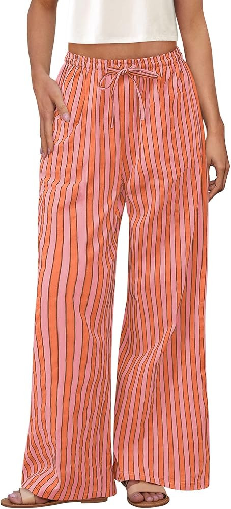 PRETTYGARDEN Women's Wide Leg Lounge Pants Spring Summer Drawstring Elastic Waist Comfy Striped Pajama Bottoms Trendy Clothes | Amazon (US)