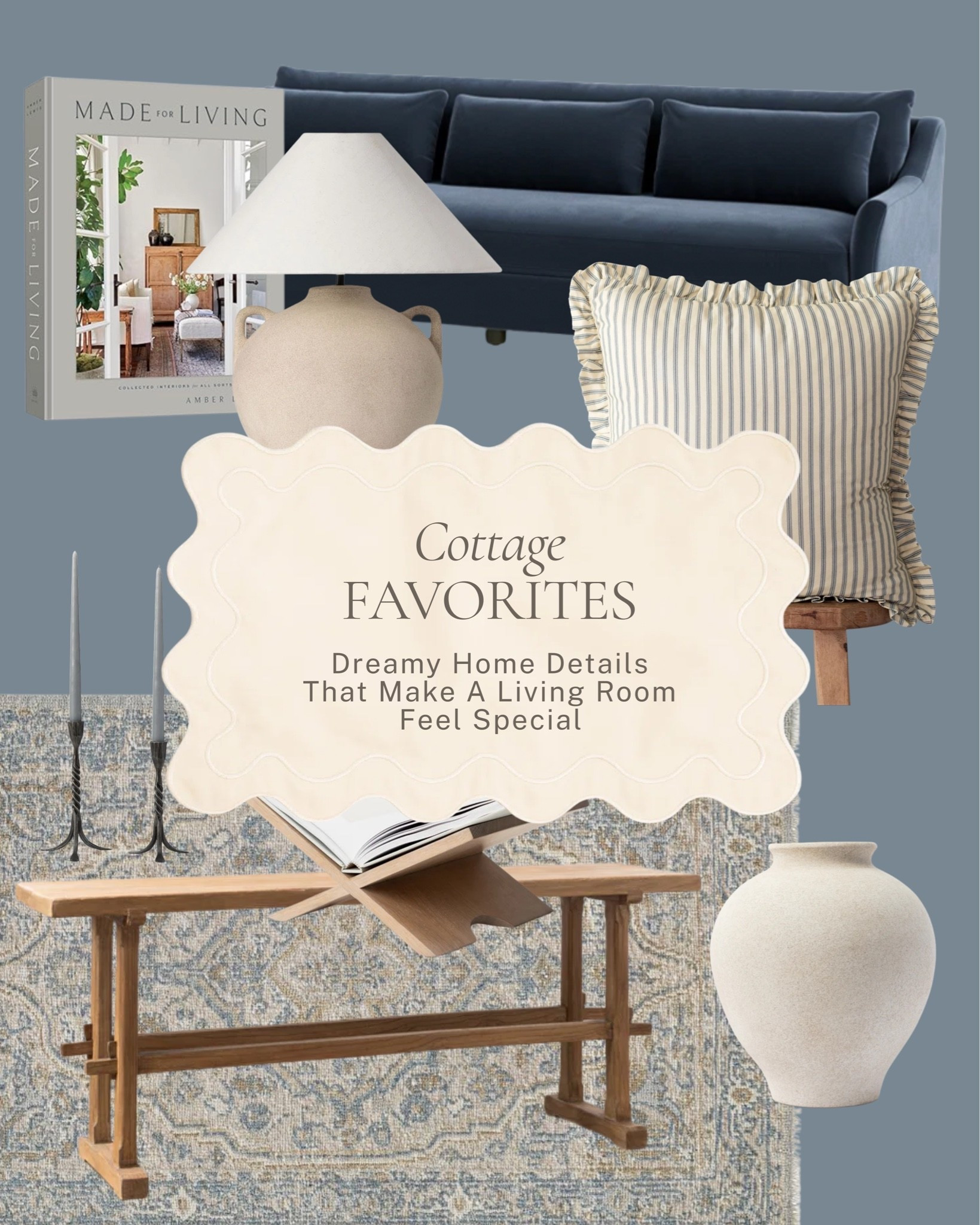 The living room details worth saving ✨ 

A navy velvet sofa, a ceramic lamp, a ruffled ticking stripe pillow, a sculptural coffee table, a book stand, a cream ceramic vase, and a vintage-inspired rug that pulls it all together. 

All linked here 🤍 

#LTKhome