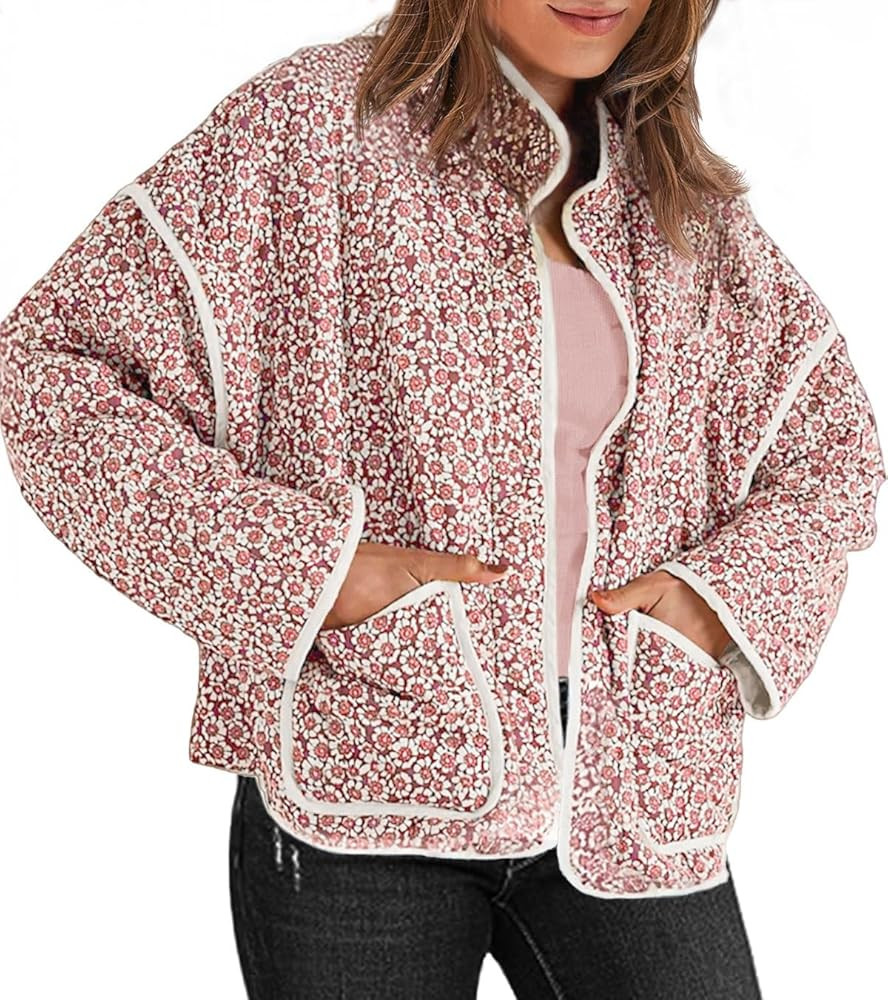 Tankaneo Womens Quilted Lightweight Jackets Floral Print Winter Coats Open Front Cardigan with Po... | Amazon (US)