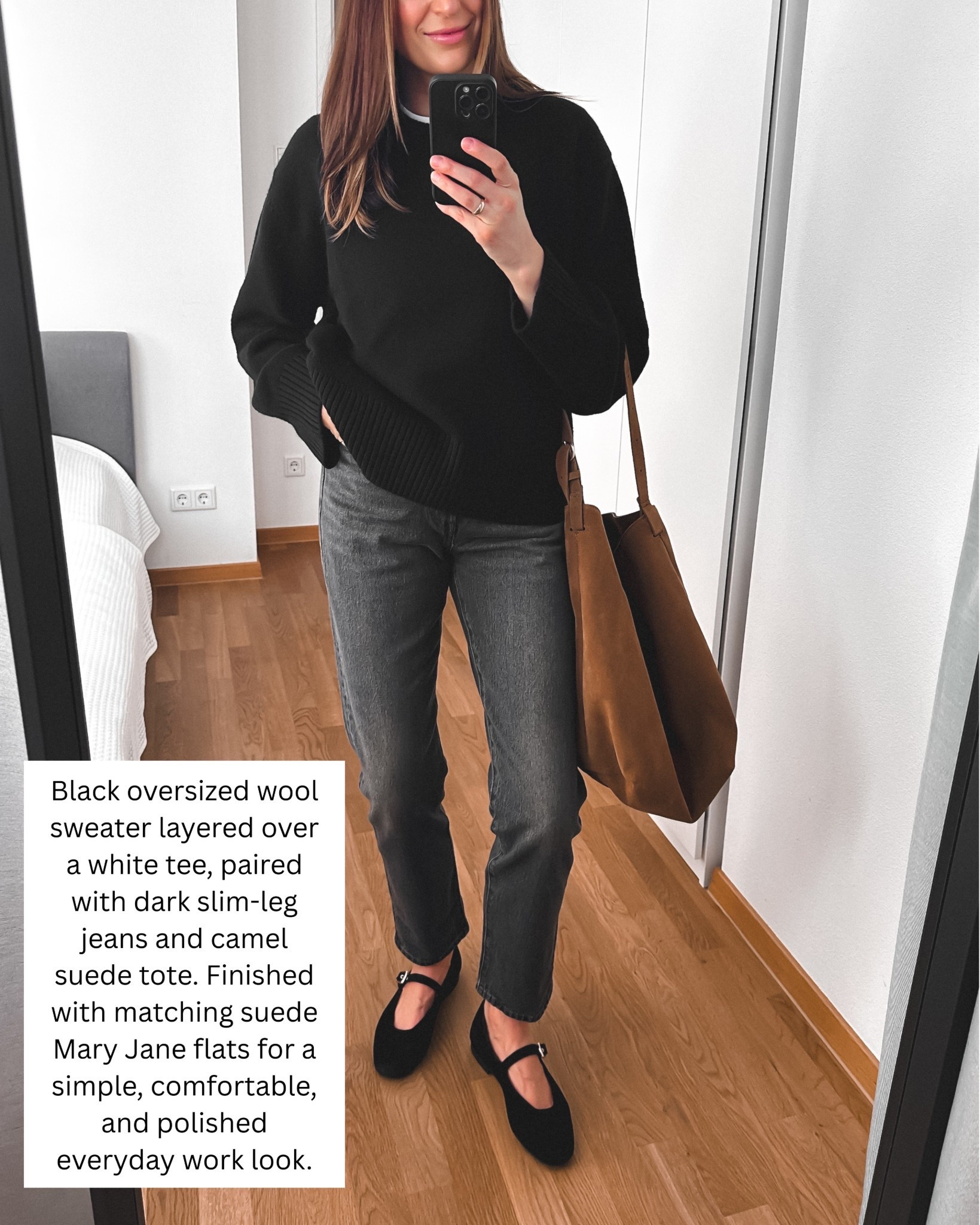 All black look, with a touch of suede.
Sweater - wearing small.
Jeans - wearing waist: 27, length 30.
Shoes: I’m in between 39,5/40 - wearing size 40 FR. 